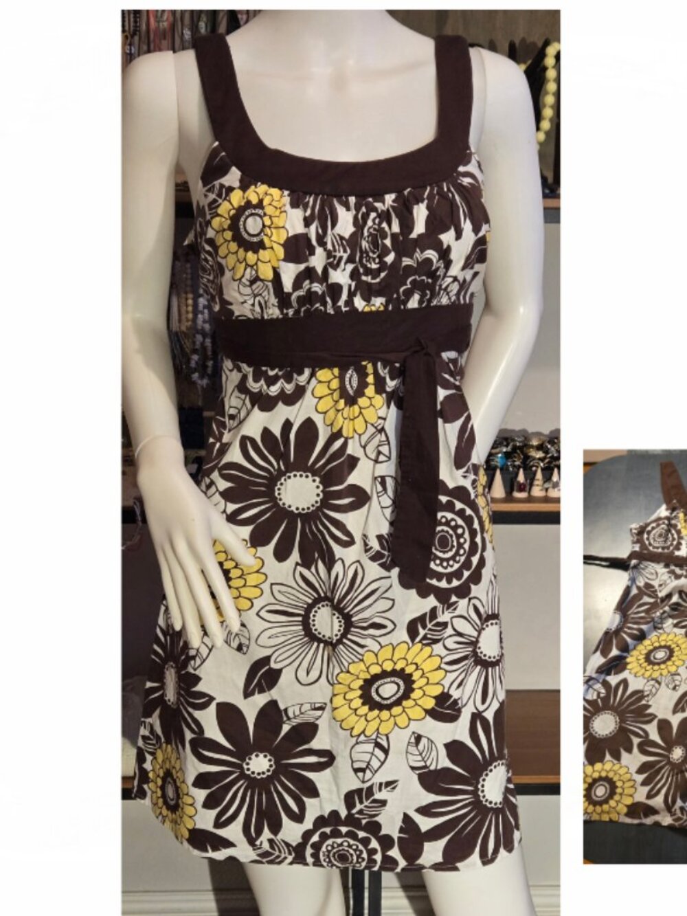LAST CHANCE Brown White Yellow Floral Cotton Summer Dress Large